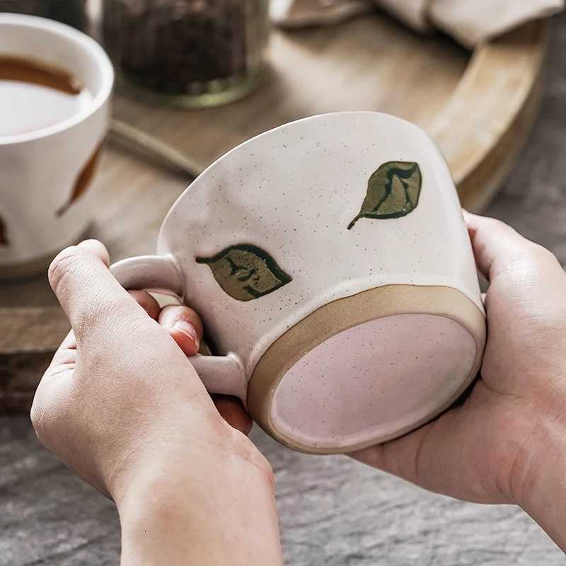 360ml Japanese Retro Ceramic g Heat-resistant Breakfast Milk Cup With Handle Leaf Pattern Coffee g Teacup Microwave Safe H251209