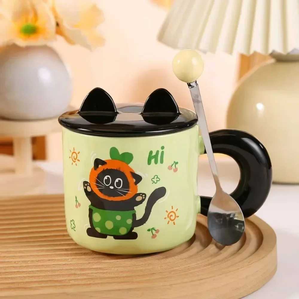 White Black Cat Ceramic gs with Lids Spoons Cute Girl Couple Coffee Cups Holiday Gifts Drinkware Water Bottle H251209