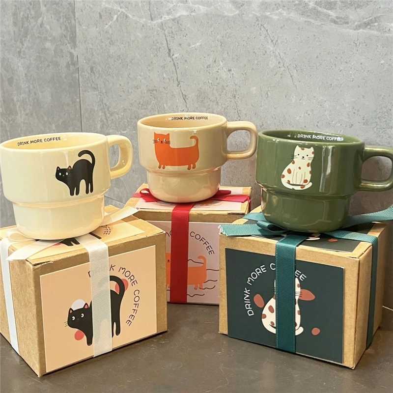 Cute Cartoon Cat Cup with Coaster Cute Cat Cup Mat Ceramic g Water cup Breakfast Milk g Creative Christmas Gift H251209