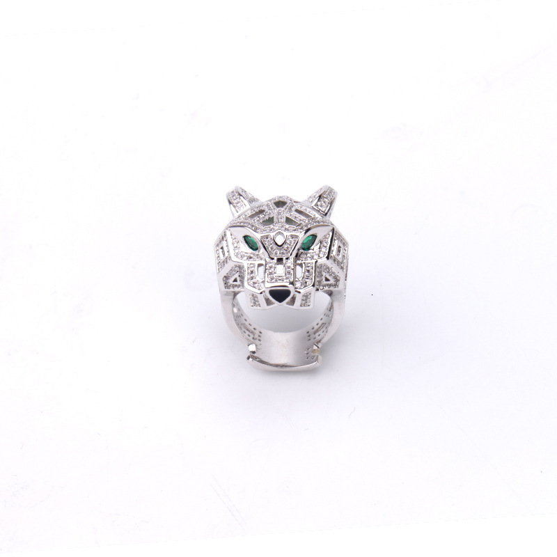 Style Full Diamond Green-Eyed Leopard Head Ring Personality Trendy Leopard Head Ring Epoxy Couple Style Hand Jewelry Wholesale
