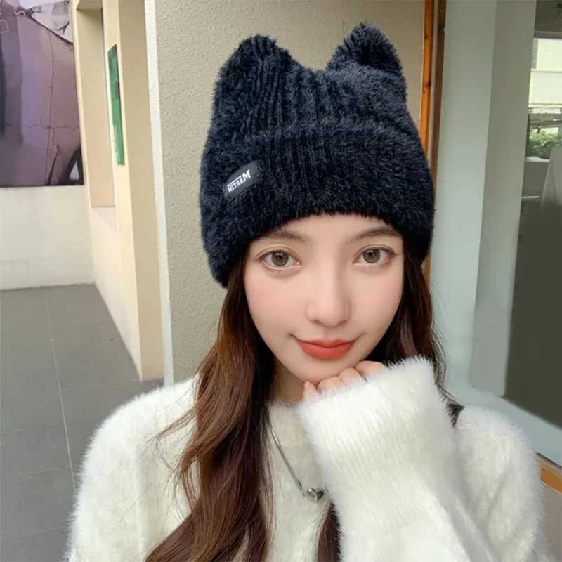 Luxury Winter Warm Knitted Hat Warm Sweet Headdress Cat Ear Crochet Beanie Windproof Anti-cold Women Ear Protection Running Ski Cap Y251209