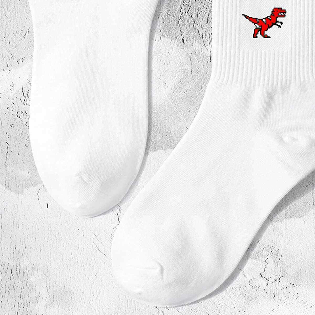 Multiple Pairs of Mens Crew Socks with Dinosaur Patterns White Unique Comfortable Breathable Moisture-WickingT251209