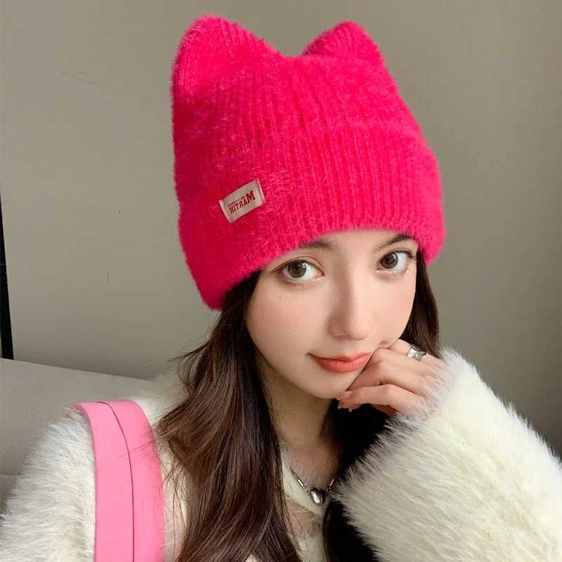 Luxury New Women Cute Cat Ear Earflap Winter Hat Fashion Faux Fur Knitted Hat Kpop Style Soft Beanie Hats Candy Female Streetwear Cap Y251209