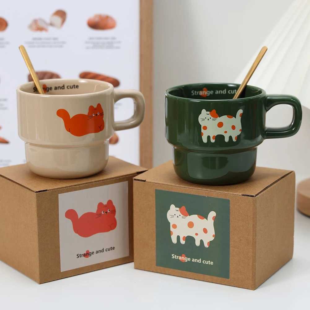 Ceramic Cat Printed Coffee g Funny Cute Stackable Cat gs with Handle Drinkware Breakfast Milk Tea Cup For Kitchen He Party H251209