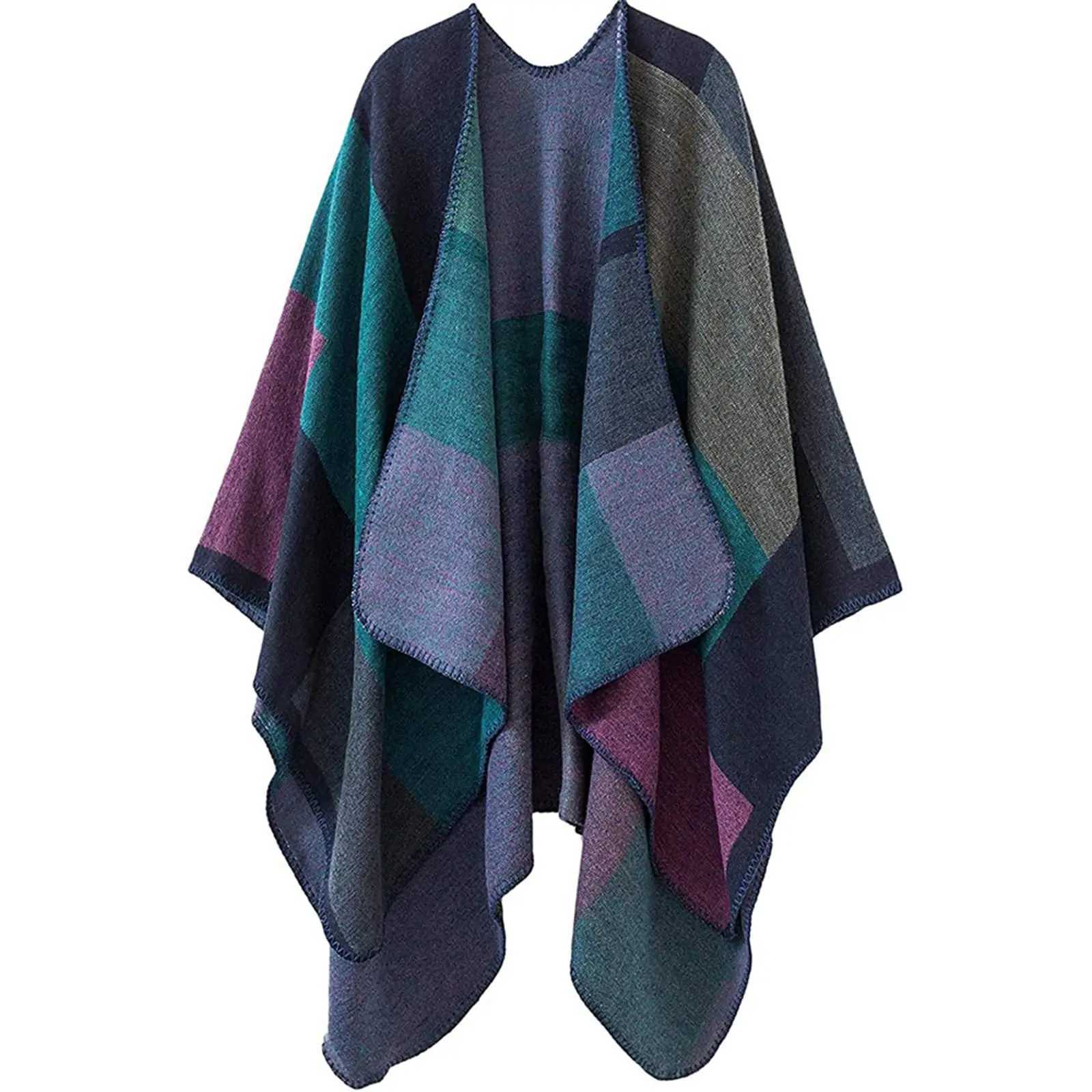 Luxury Thicken Winter Shawl Wraps Cape Women Fall Ponchos Plus Size Block Plaid Open Front Sweater Fleece Scarf Coat Holiday Outfits Y251208
