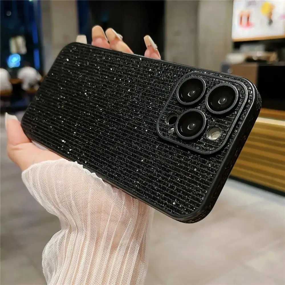 Luxury Hight End Black Bling Glitter Noble Case For iPhone 15 14 13 12 Pro Max 11 Lens Film Protection Soft TPU Shockproof Cover C251209