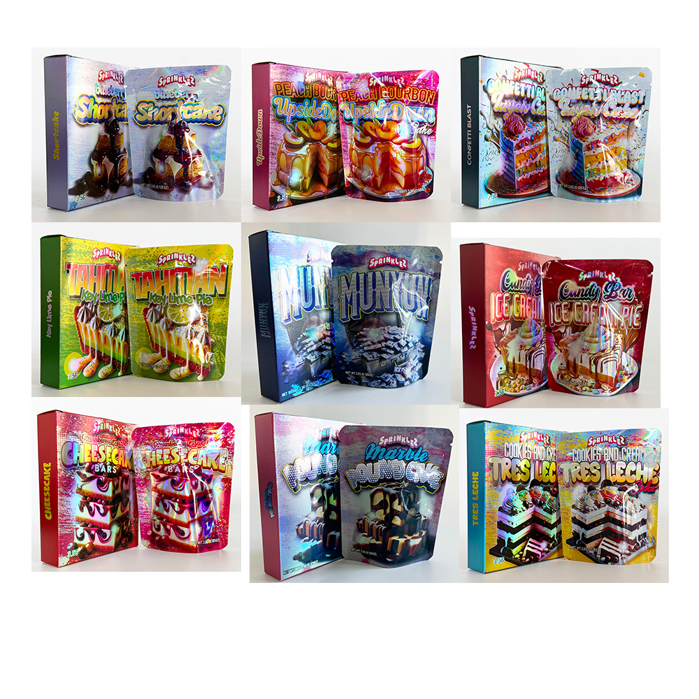 New Designs Combo Cake Cartoon Box Set With Die Cut Mylar Bags 3.5g Smell Proof Soft Touch Empty Pack Zip Lock 3.5 Plastic Package Pouches Storage Paper Packaging Case Kit