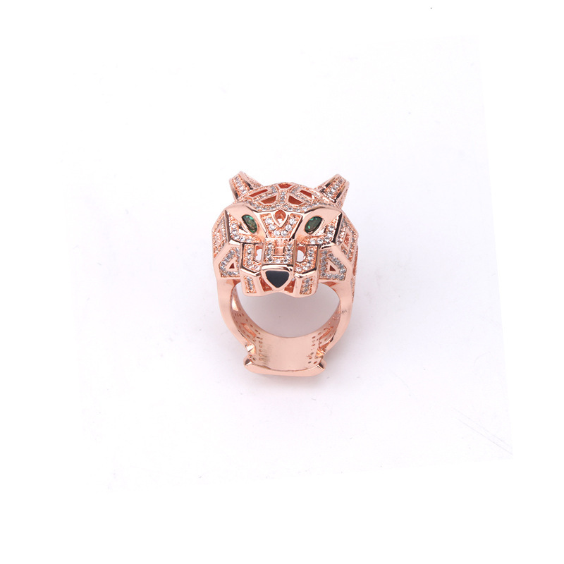 Style Full Diamond Green-Eyed Leopard Head Ring Personality Trendy Leopard Head Ring Epoxy Couple Style Hand Jewelry Wholesale