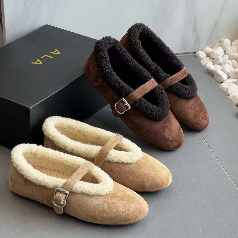 Luxury mary jane Shearling Ballet Flats designer shoe woman buckle strap suede Round toe leather flat New warm furry Fashion ladies dress formal office winter shoes