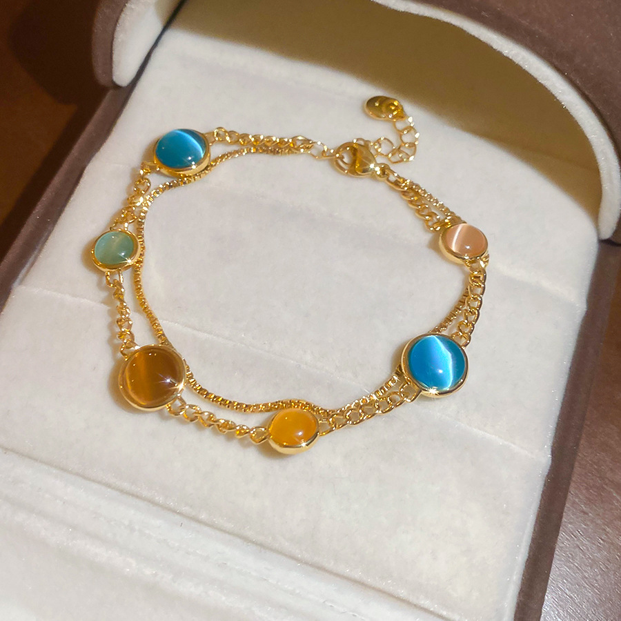 18K Real Gold Plated Cat's Eye Stone Round Double Layer Vintage Palace Style Bracelet Light Luxury High-end Feel Jewelry for Women - view 9