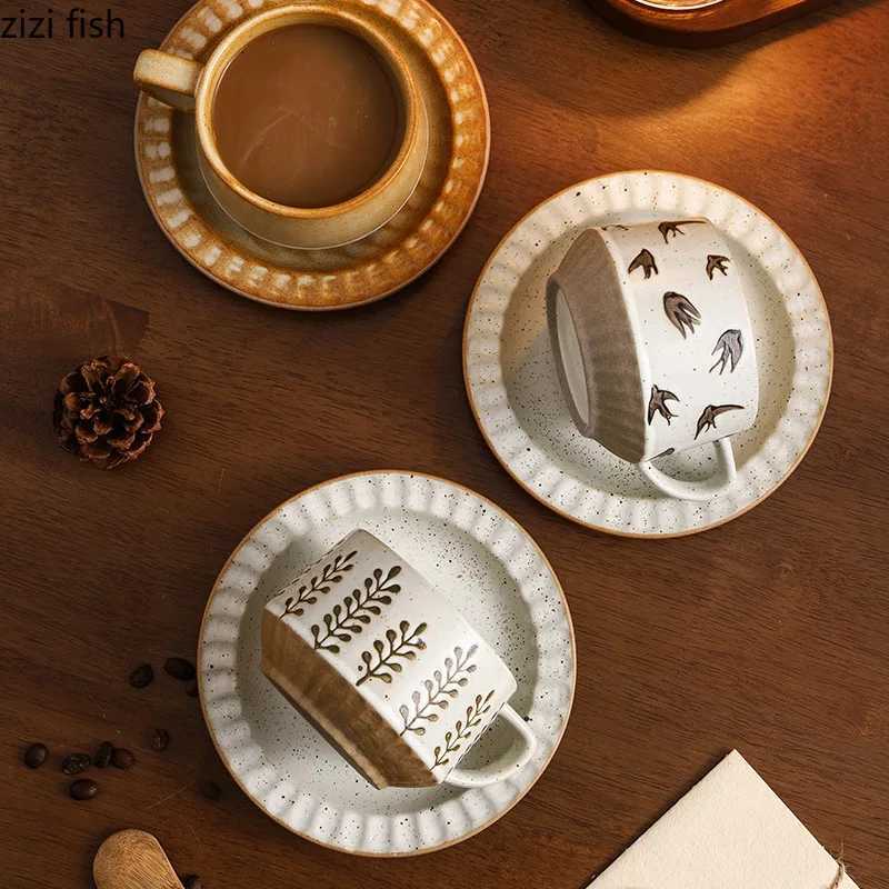 Retro Coarse Pottery g Dish Set Latte Coffee Cup Milk Cup Creative Floral Pattern Brage Cup Couple Cups Water Cups Teacup H251209