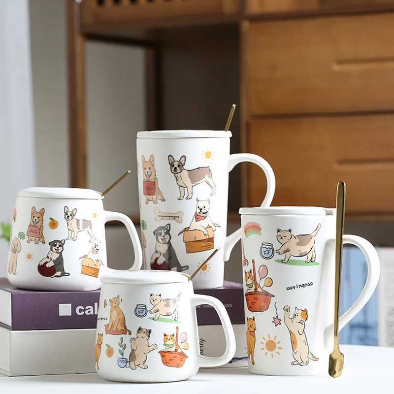 Cartoon Cat and Dog Cup Ceramic Drinkware g Coffee g Spoon with Lid Off Breakfast Milk Water gs Couple Desk Decoration H251209