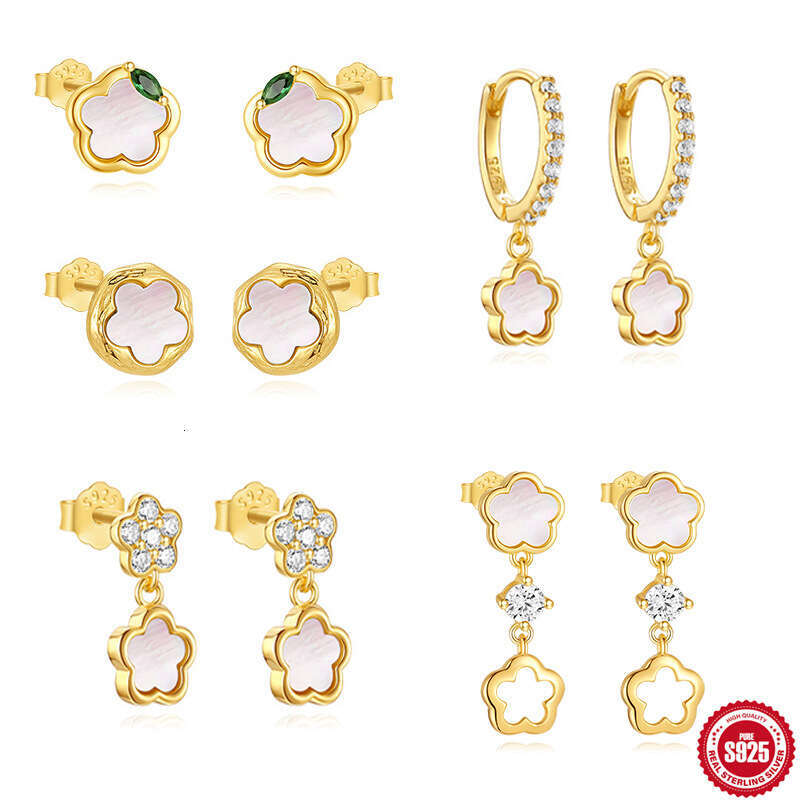 Earring For Women Designer Luxury 2026 S925 Sterling Silver Daily Wear Luxurious Diamond-Encrusted High-End White Shell Flower Hoop Ear Clips Women 