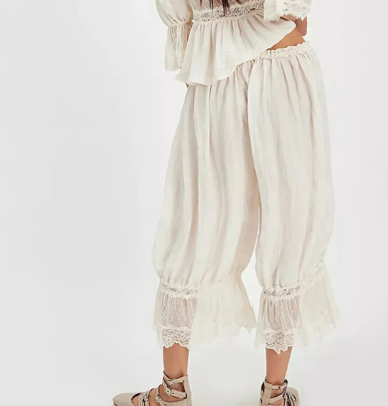 Womens Y2K Loose Fit Bloomers Cropped Pants Drawstring High Waist Floral Lace Patchwork CalfLength Lantern Trousers 251129