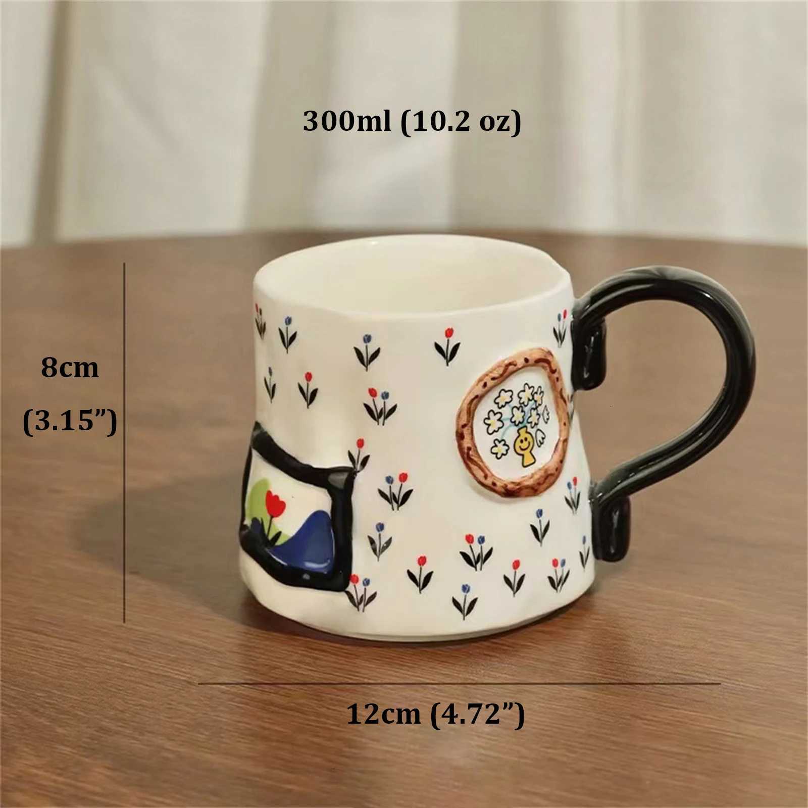 Decorative Ceramic Coffee g 10 oz Hand-Painted Cartoon Design with Handle Mtiple Pattern Styles Flower Milk Cups for Kids H251209