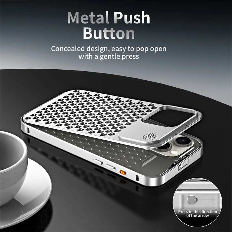 Metal aluminium Hollow Cooling Phone Case for iPhone 17 14 13 12 16 Pro Max 17prax Aratherapy Diffuser Detachable Rear Cover C251209