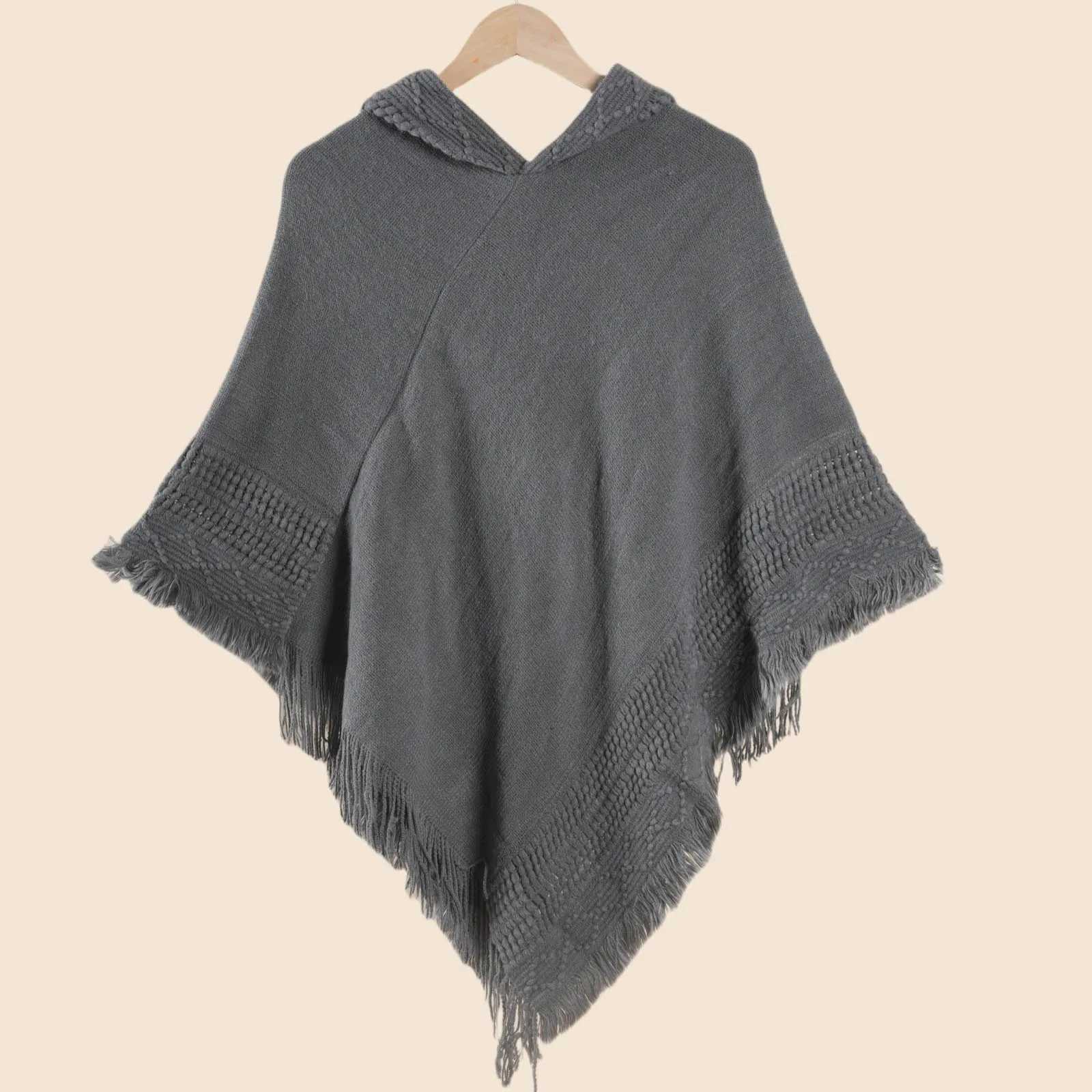 Luxury 1 elegant autumn and winter womens hooded knitted cape shawl loose knitted sweater solid color flowing beard versatile and warm Y251208