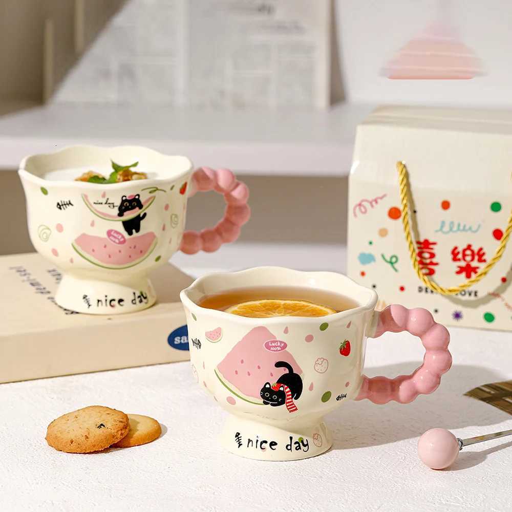 Cute Cat Watermelon Ceramic g Kawaii Bubble Handle Coffee Milk Cups for Afternoon Tea Daily Use gs Birthday Gift H251209