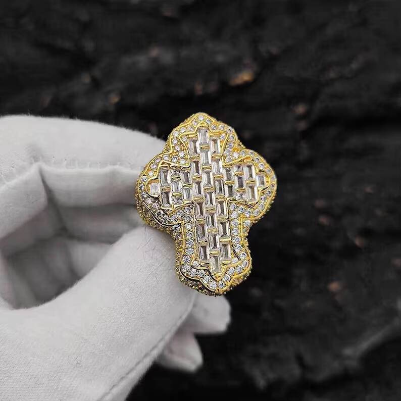 Full Iced Out 925 Sterling Silver Cross Ring Vvs Moissanite Diamond Pass Tester Moissanite Hip Hop Ring