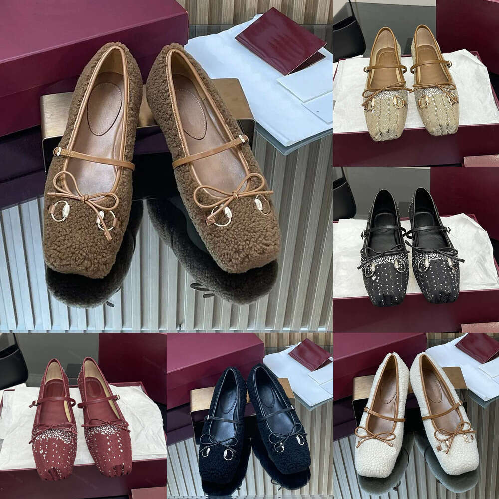 crystal ballet flats Shearling ballerina loafers luxury mary jane designer shoe woman square toes flat fur wool dress dance loafer office Vacation shoes top quality