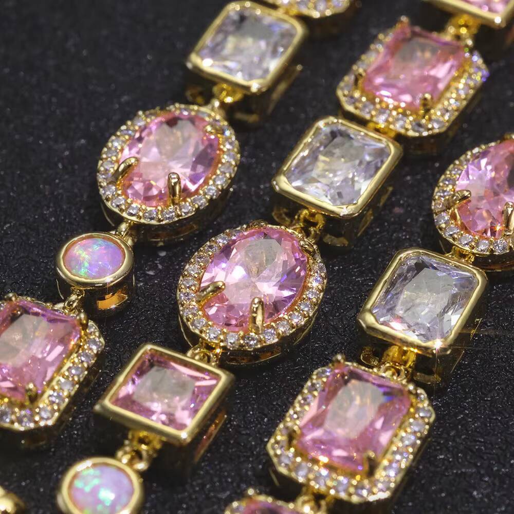 NUOYA 10mm Opal Custom Bling Pink Cz Stone Chain Silver Gold Plated Necklace Geometric Gemstone Motif Iced Out Link Chain