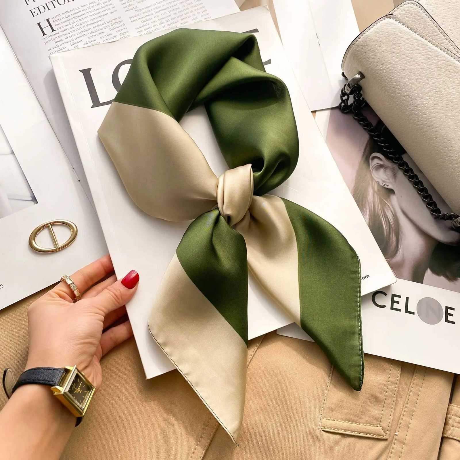 Luxury Luxury 2024 Plaid Print Square Silk Scarf for Women Hijab Hair Bands 70cm Neckerchief Female Satin Shawl Ribbon Headband Y251208a