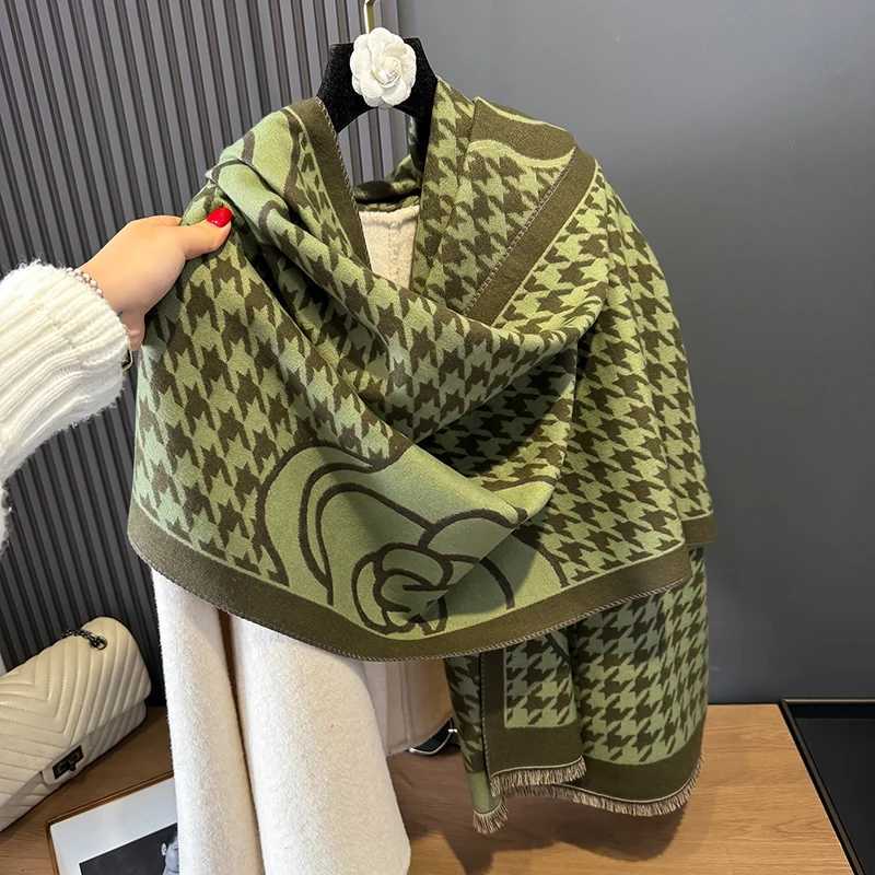 Luxury 2024 Fashion Houndstooth Rose Print Cashmere Women Two-sided Scarf Winter Warm Shawl and Wrap Bandana Pashmina Thick Blanket Y251208