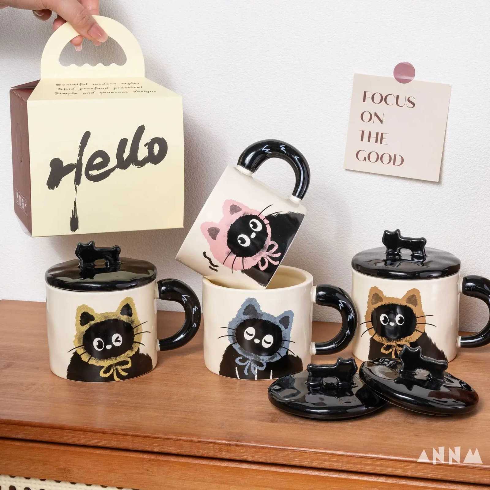 Creative Cute Cartoon Cat Ceramic Coffe g Couple Water Cup Milk Drinking Water Tea Cup for Off He Birthday Gifts with Box H251209