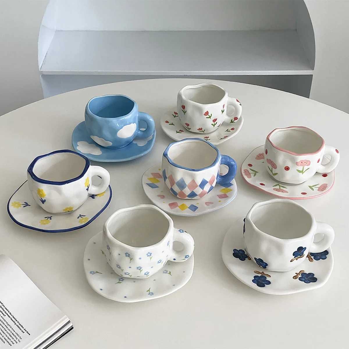 280ml Scandinavian Style Hand-Kneaded Ceramic Coffee Cup and Saucer Mti-Color Plaid Blue Sky and White Clouds Flower g H251209