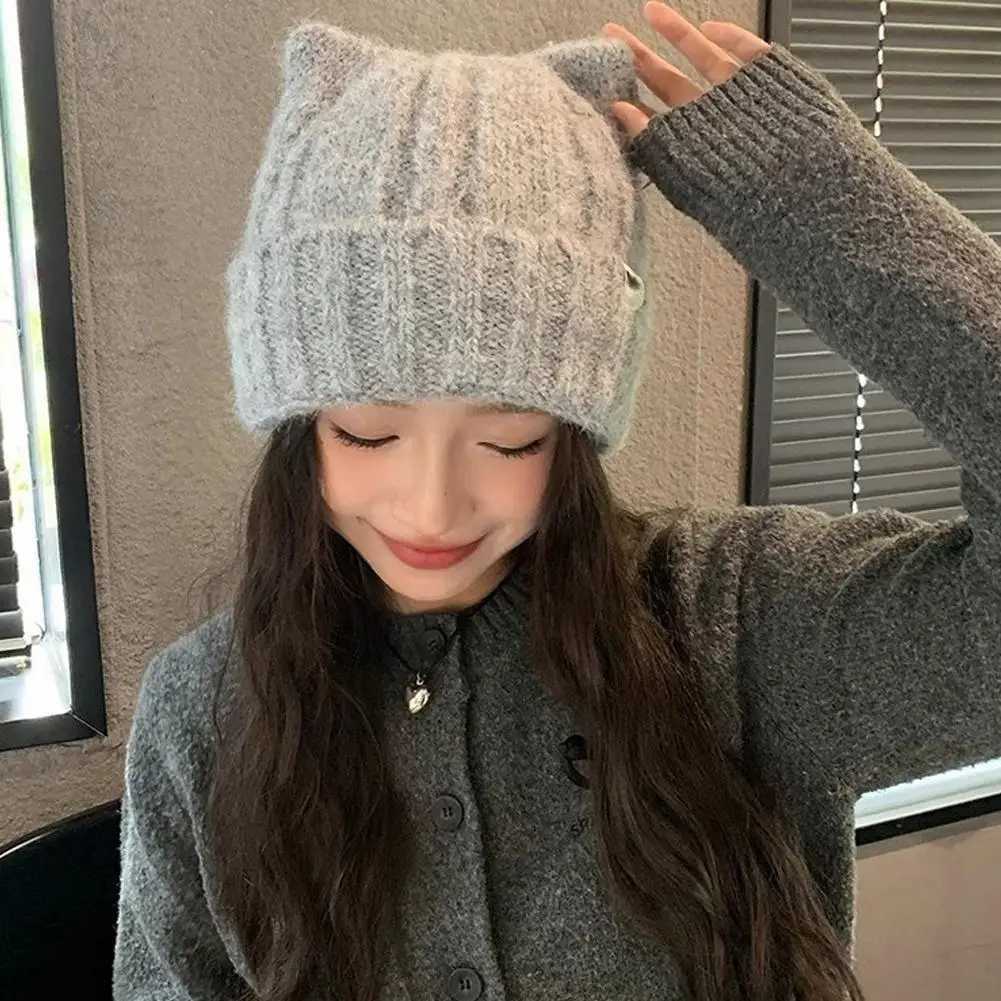 Luxury Cute Cat Ear Wool Hat for Kids Japanese Style Thickened Fleece Winter Hat with Ear Protection Warm Knitted Beanie Y251209