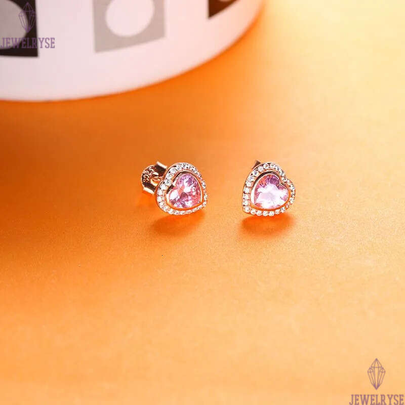 Rose Gold Pink Stone Heart Stud Authentic 925 Silver designer Earrings Women Wedding Party Jewelry Crystal earrings with Luxurious Retail Box Set