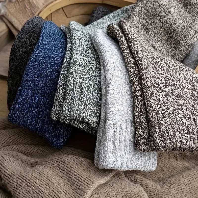 3 Pairs Mens Winter Warm Socks Thick Towel Mid-Calf Socks Anti-Cold Snow Boots Socks Elastic Solid ColorT251209