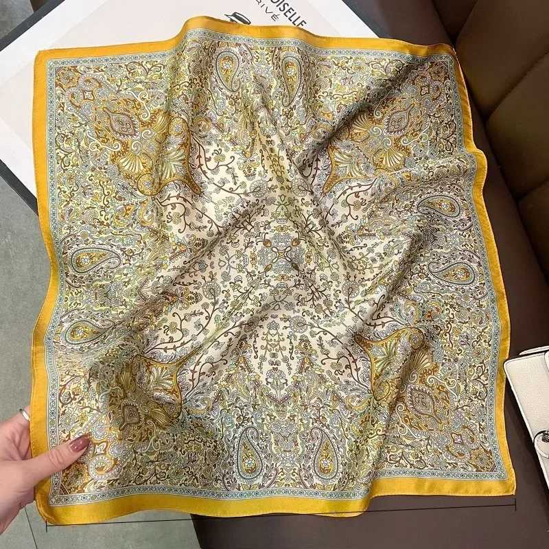Luxury 68cm Golden Cashew Flower Scarf Womens Spring and Summer Thin Imitation Silk Scarf High-end Light Luxury Shawl Scarfs Headscarf Y251208