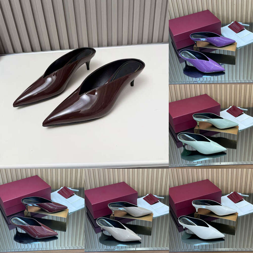 Pointed-toe Low-heeled slippers slides Simple Minimalism Patent leather mules kitten sandals top quality Luxury designer shoe woman clog heels Office party shoes