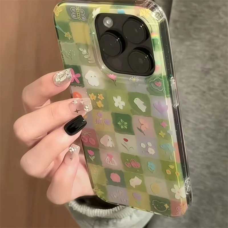IND green grass grid pattern broken flower rabbit phone case with chain for iPhone 11 12 13 14 15 16 17 Pro Max C251209