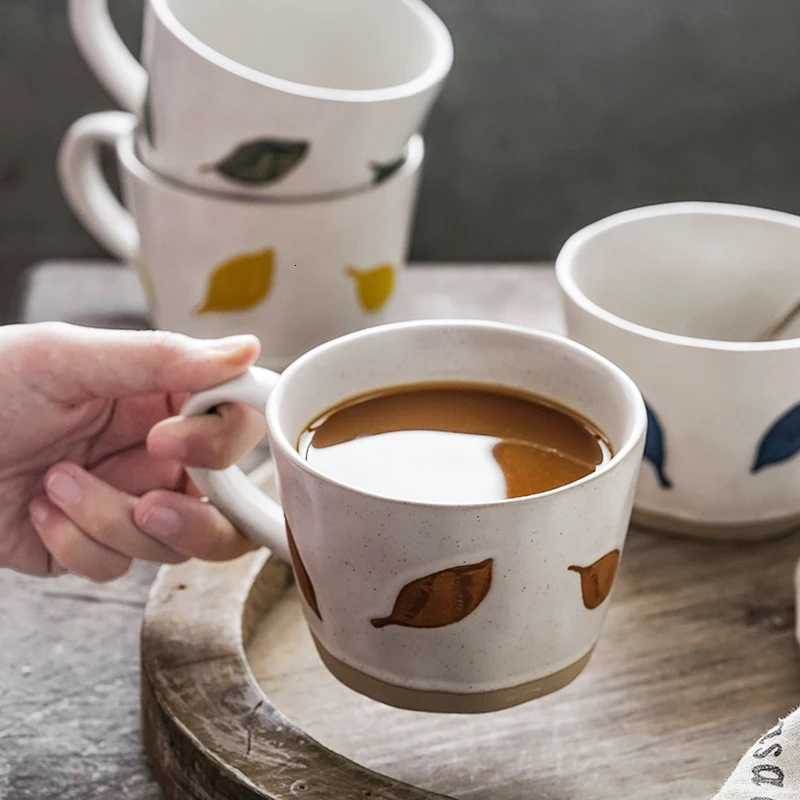 360ml Japanese Retro Ceramic g Heat-resistant Breakfast Milk Cup With Handle Leaf Pattern Coffee g Teacup Microwave Safe H251209