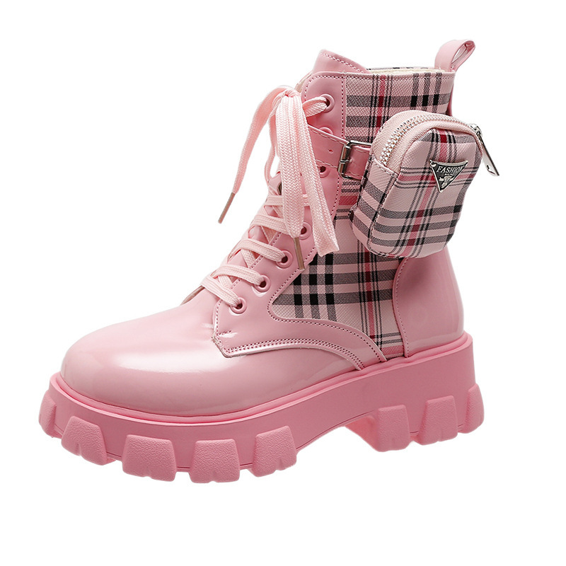 Designer shoes 2025 new classic checkered printed Martin boots thick soled lace up fashion boots for women black white pink