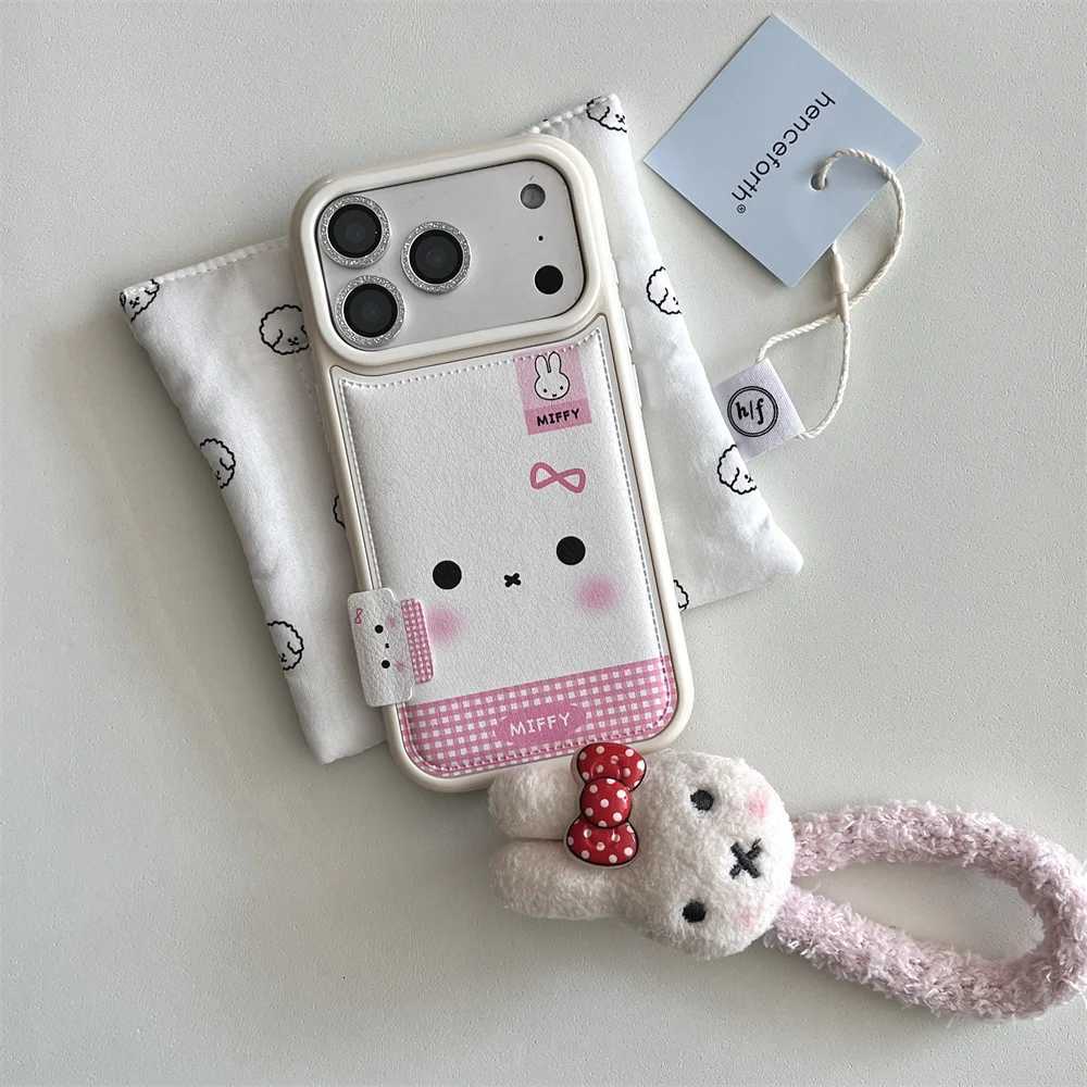 Fashion Leather Plaid Pattern Cute Rabbit phone case For iPhone 16 Pro Max 15 14 13 17 Pro With Lanyard Cartoon Protective Cover C251209