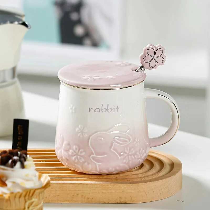 Cute Rabbit Pattern Ceramic Coffee Cup ry Bloss g Breakfast gs Milk Cups He OffCups H251209