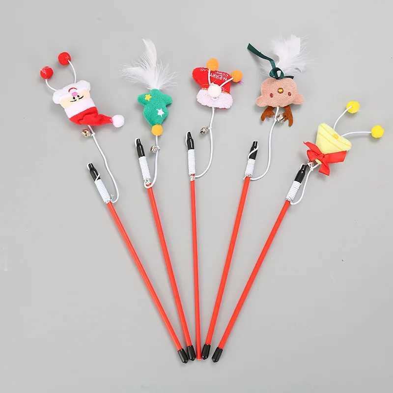 Cute Tease Cat Sticks Christmas Theme Pet Interactive Sticks Cartoon Santa Claus Xmas Tree Plush Doll Bell Cat Toys Pet Supplies M251209