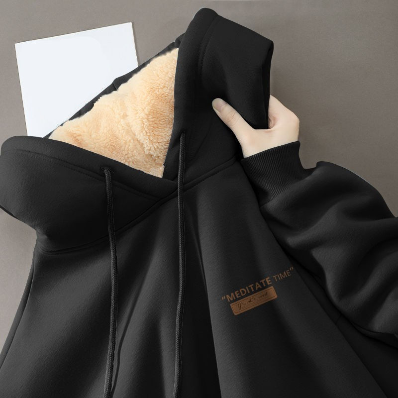 Men's Student Hoodie: Winter Lamb Fleece Thickened Loose Casual Versatile Couple-Style Hooded Top