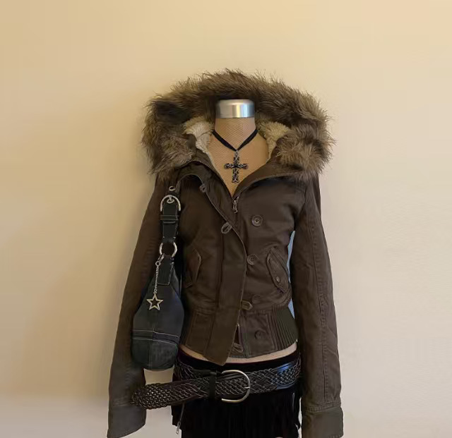 2025 Autumn Style Fur Collar Hooded Jacket Short Coat for Women with Fleece Lining and Thickened 251129