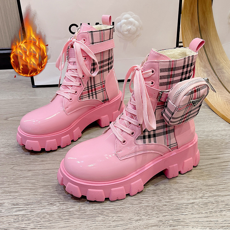 Designer shoes 2025 new classic checkered printed Martin boots thick soled lace up fashion boots for women black white pink