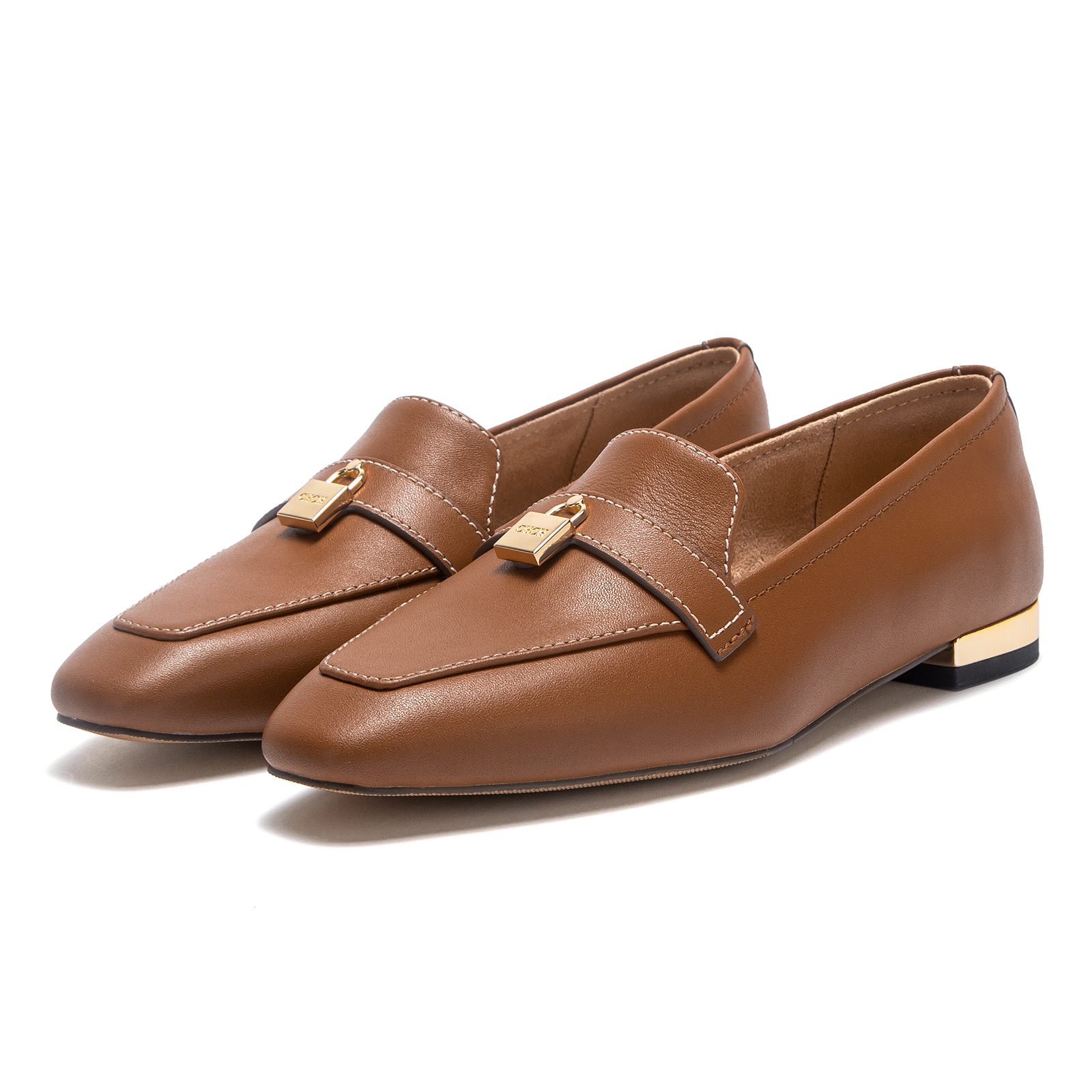 CHCH Women's Brown Leather Loafers with Gold Lock Detail Square Toe Low Heel Penny Casual Office Slip-On Dress Shoes for Girls