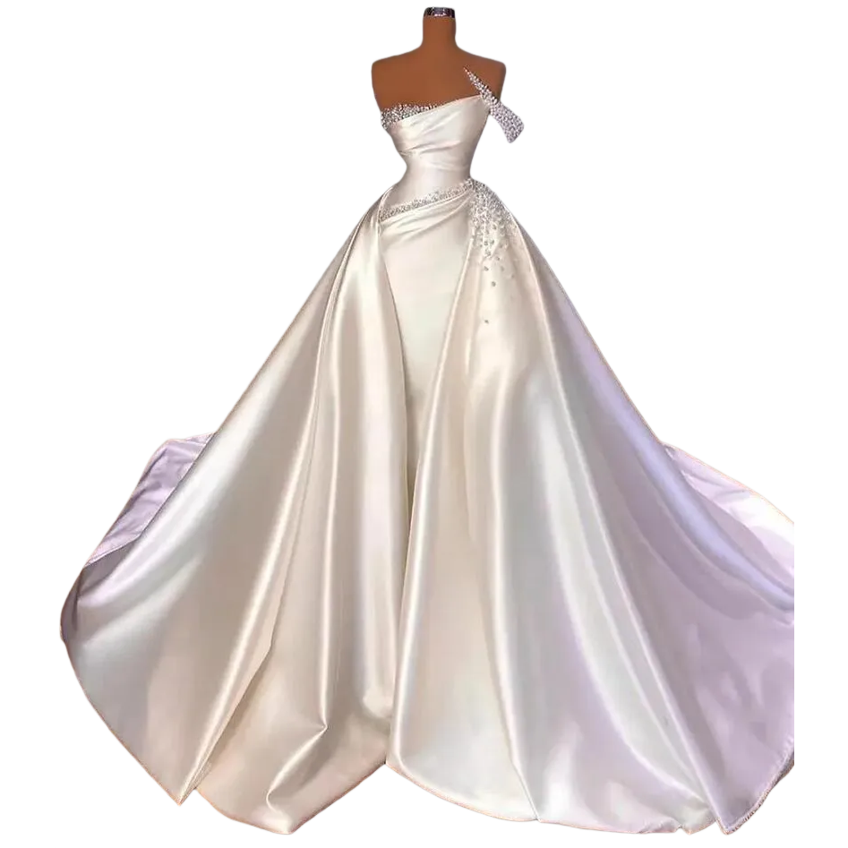 2026 Arabic Aso Ebi Plus Size Ivory Wedding Dresses Sheer Neck Pearls Satin Detachabel Train Luxurious Bridal Gowns Dress For Brides ZJ2059