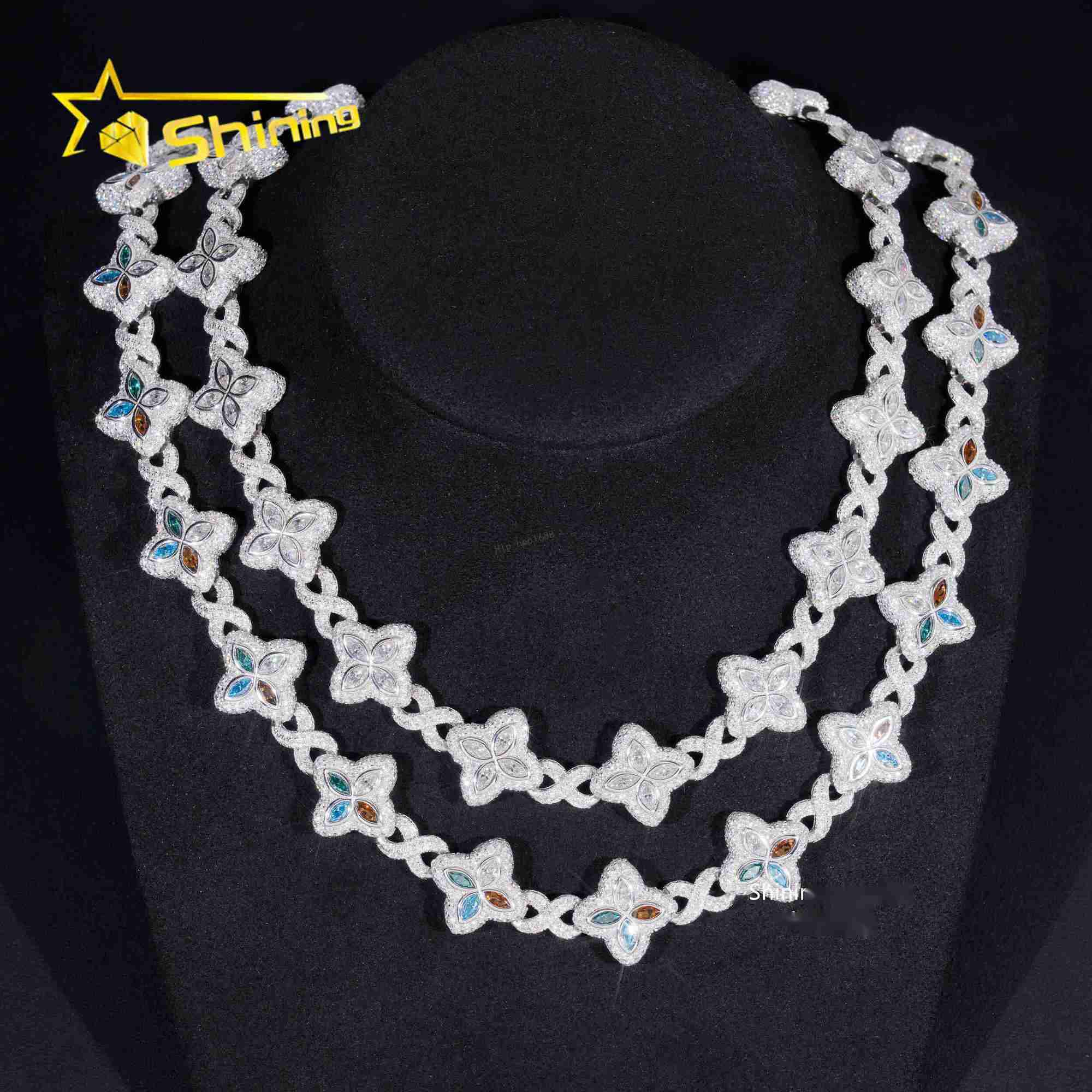 Rapper Hip Hop Jewelry Iced Out Moissanite Necklace 925 Silver Colored Four Leaf Clover VVS Moissanite Cuban Link Chain