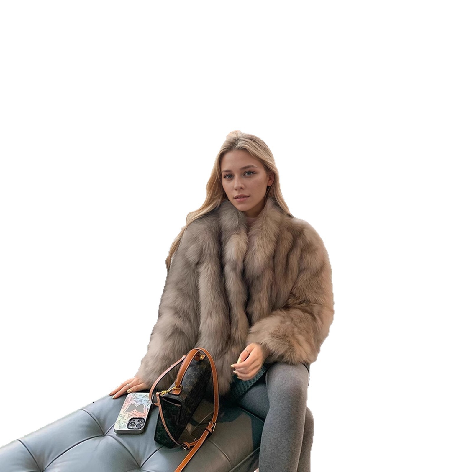 real fur coat women Cross-Border Foreign Trade Hot-Selling Faux Fox Fur Coat for Women, New Style with Turn-Down Collar, Elegant and Versatile Furry T