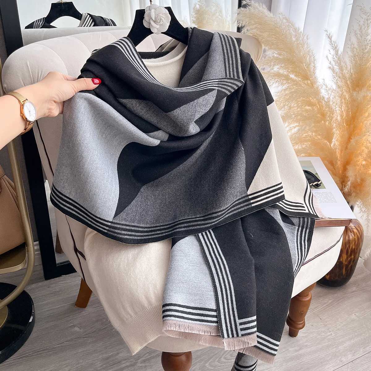 Luxury Brand Winter Blanket Scarf Shawl for Women Warm Pashmina Geometric Color blocks Print Wrap Imitation Cashmere Foulard Scraves Y251208