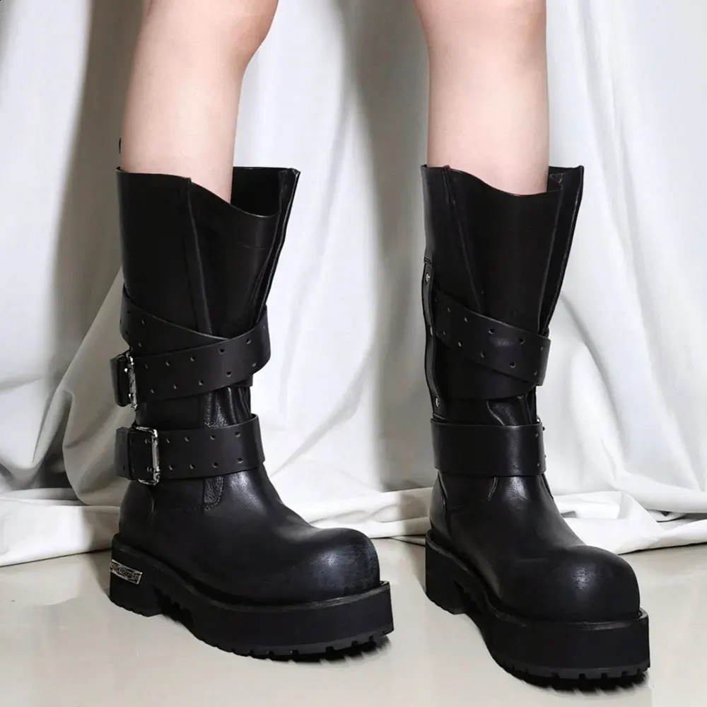 2025 Big Size 42 Womens Punk Motorcycle Boots Fashion Black Big Toe Platform Chunky Heels Mid-calf Boots Shoes 251201