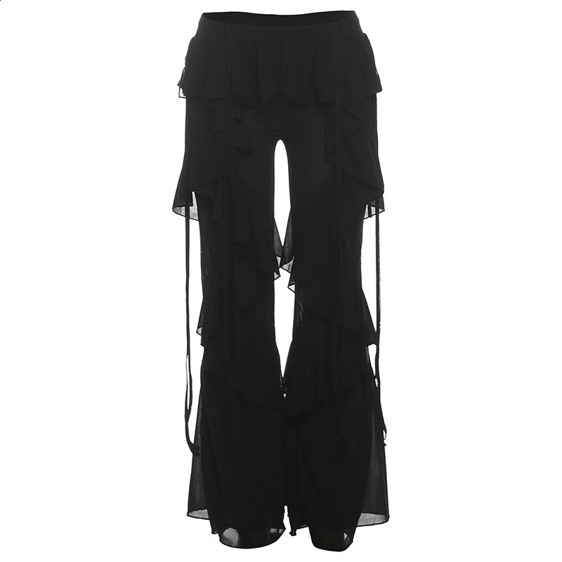Women Y2k Aesthetic Ruffle Irregular Layered Long Pants Solid Color High Waist Wide Leg Trousers Sexy Streetwear 250228